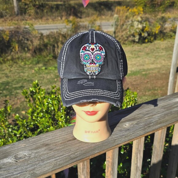 Ladies Black Faded Sugar Skull BLING Hat NEW No Tags - Picture 1 of 4